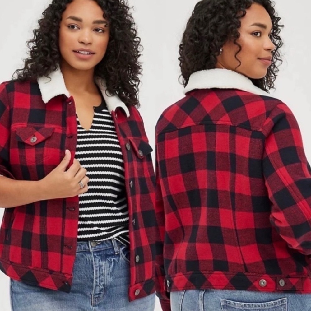Torrid 2 Women’s 2X Red Black Buffalo Plaid Trucker Jacket Sherpa Plus Size
